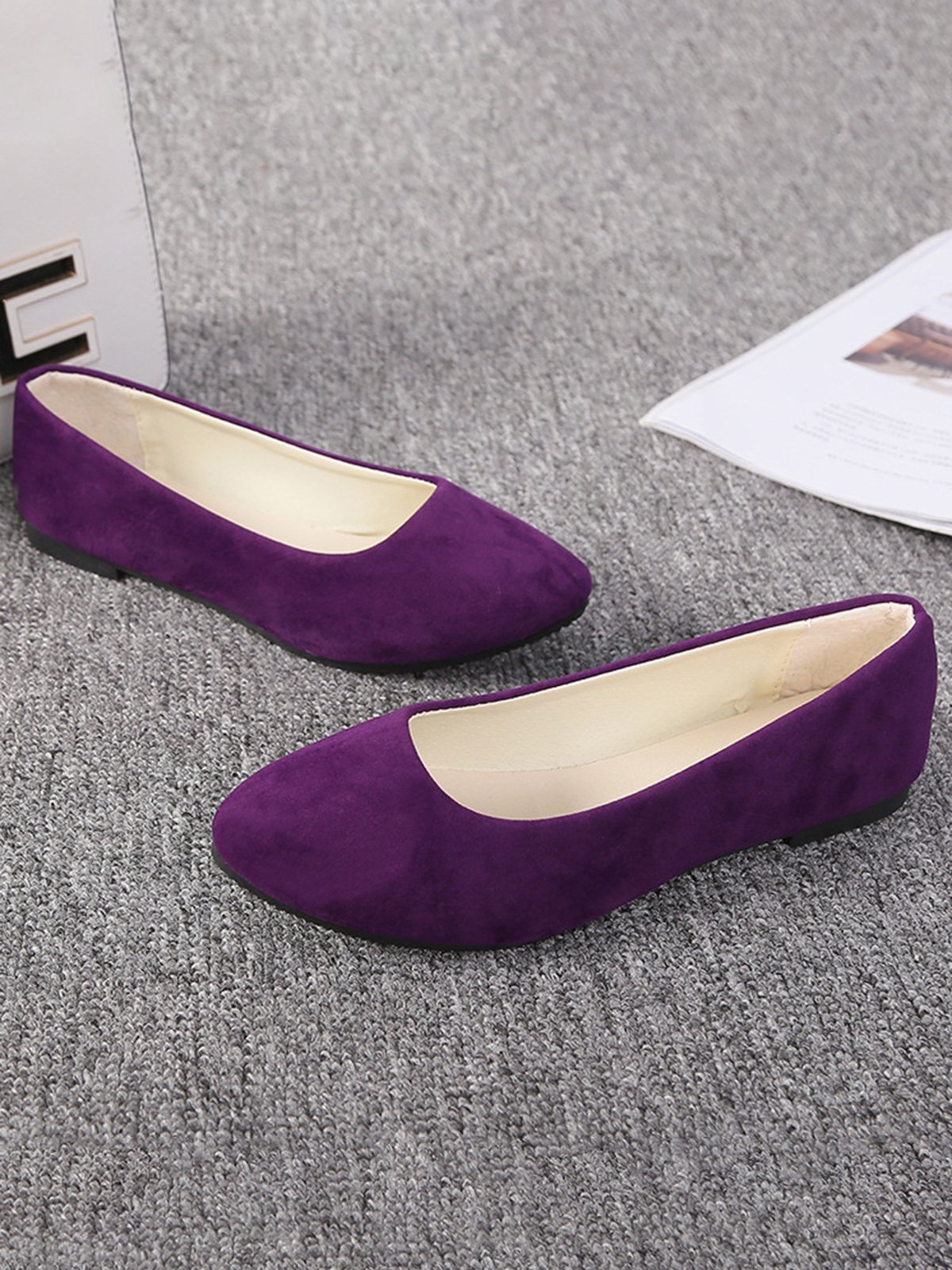 Plain All Season Simple Daily Velvet Flat Heel Round Toe Pu Slip On Shallow Shoes for Women