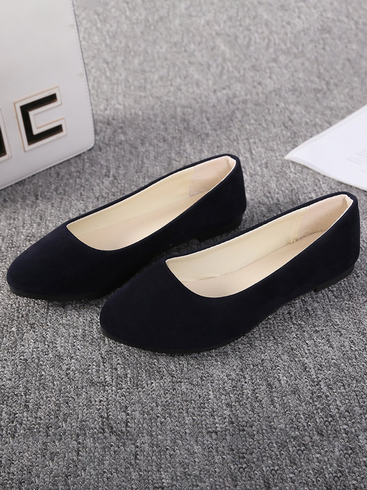 Plain All Season Simple Daily Velvet Flat Heel Round Toe Pu Slip On Shallow Shoes for Women