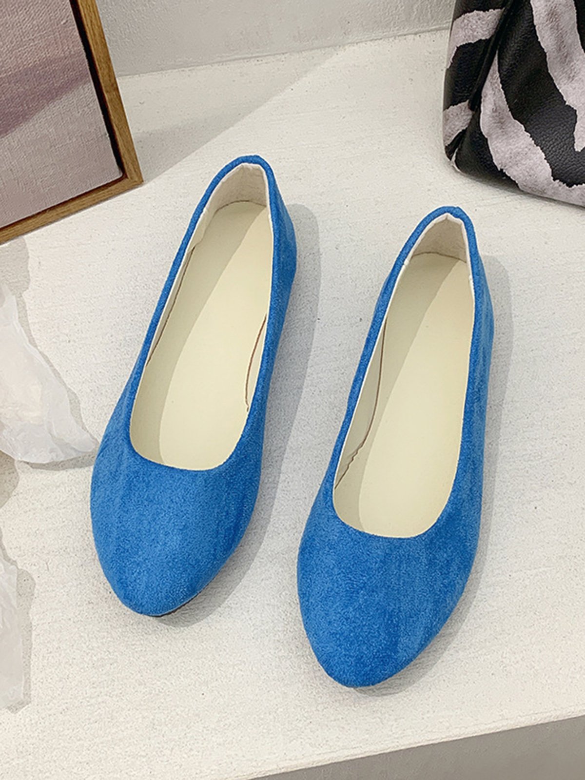 Plain All Season Simple Daily Velvet Flat Heel Round Toe Pu Slip On Shallow Shoes for Women