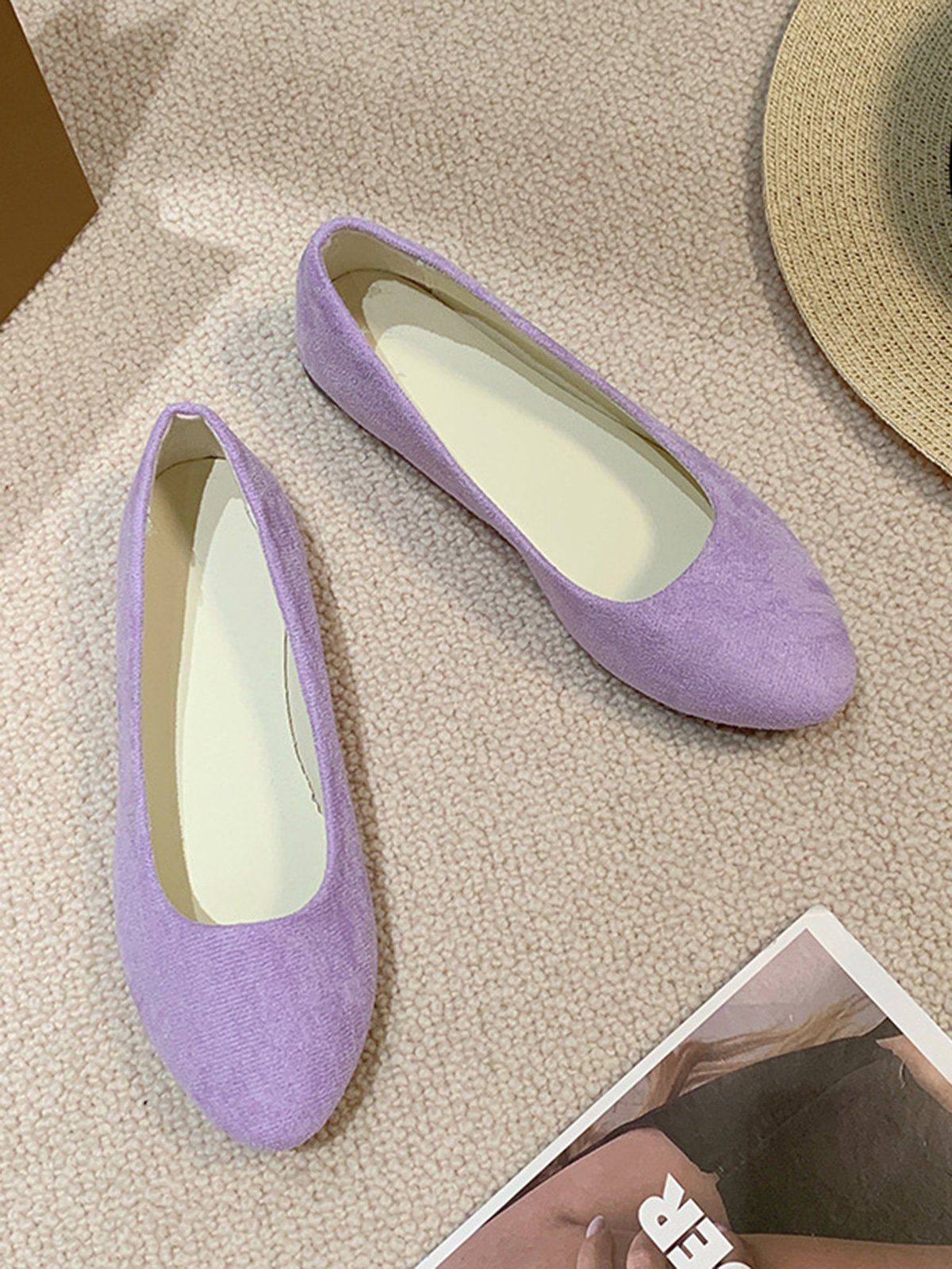 Plain All Season Simple Daily Velvet Flat Heel Round Toe Pu Slip On Shallow Shoes for Women