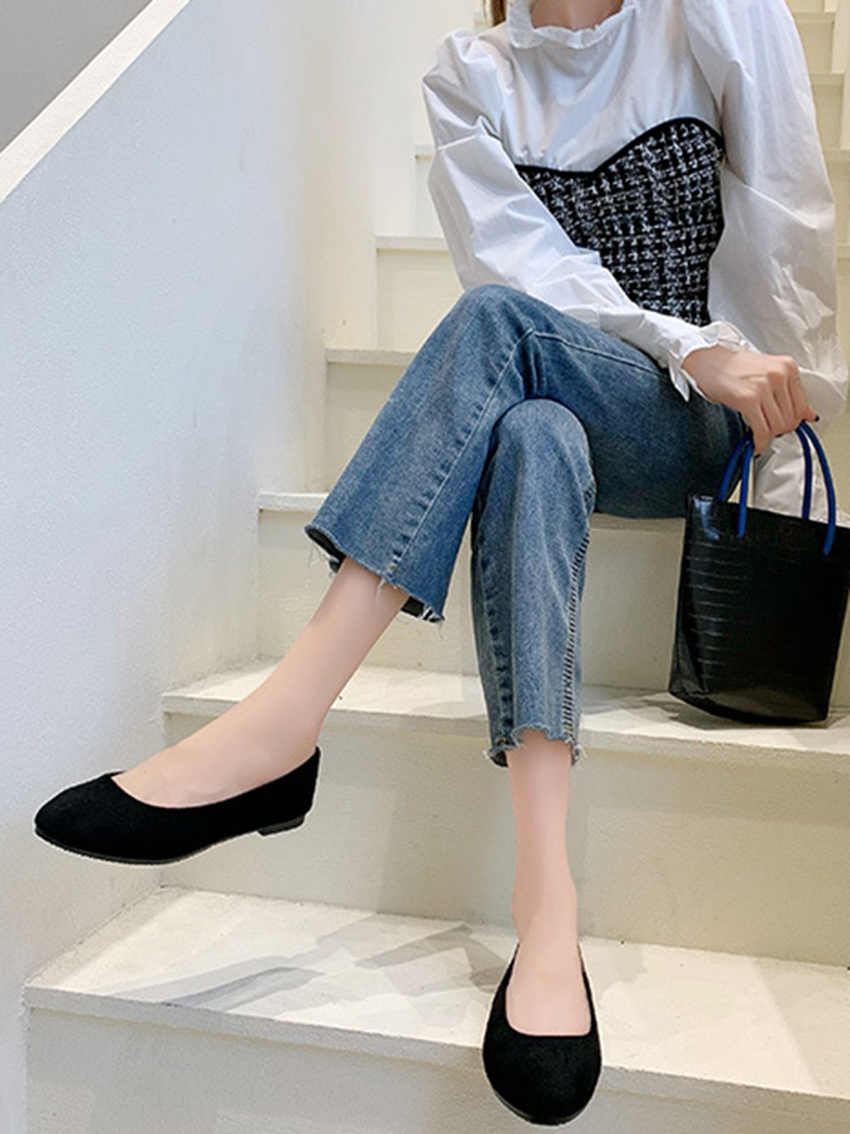 Plain All Season Simple Daily Velvet Flat Heel Round Toe Pu Slip On Shallow Shoes for Women