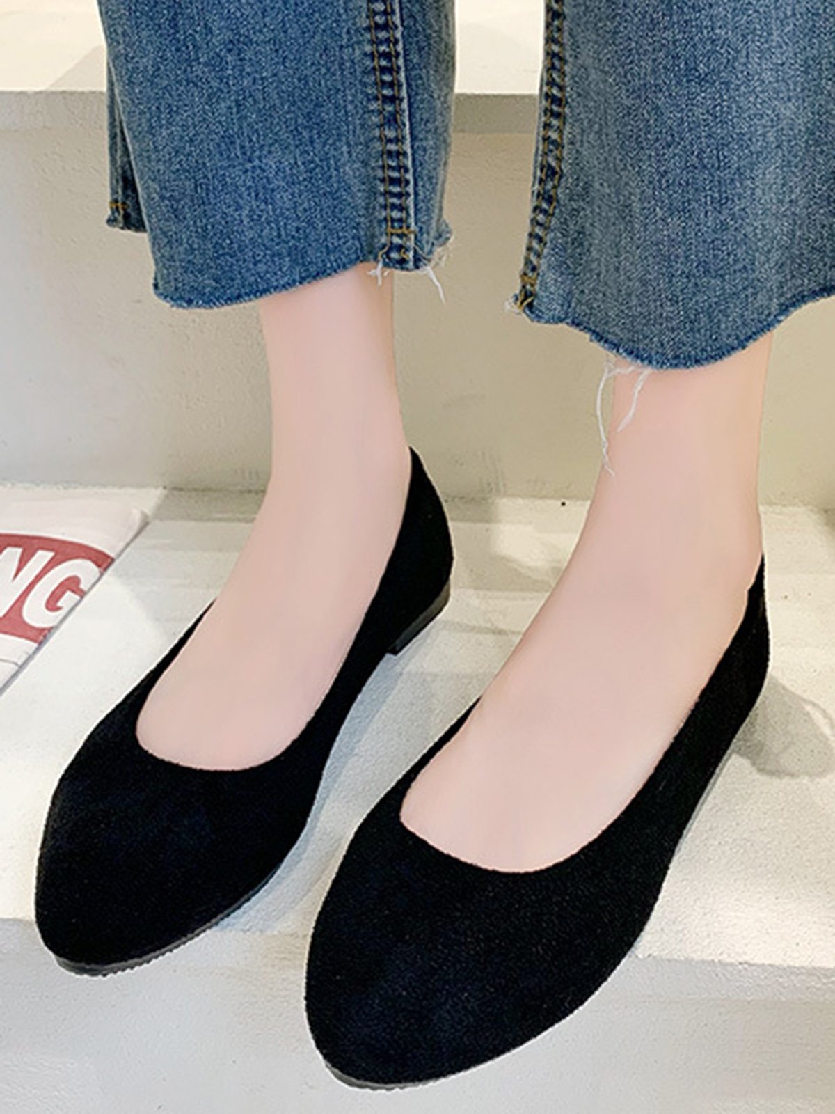 Plain All Season Simple Daily Velvet Flat Heel Round Toe Pu Slip On Shallow Shoes for Women