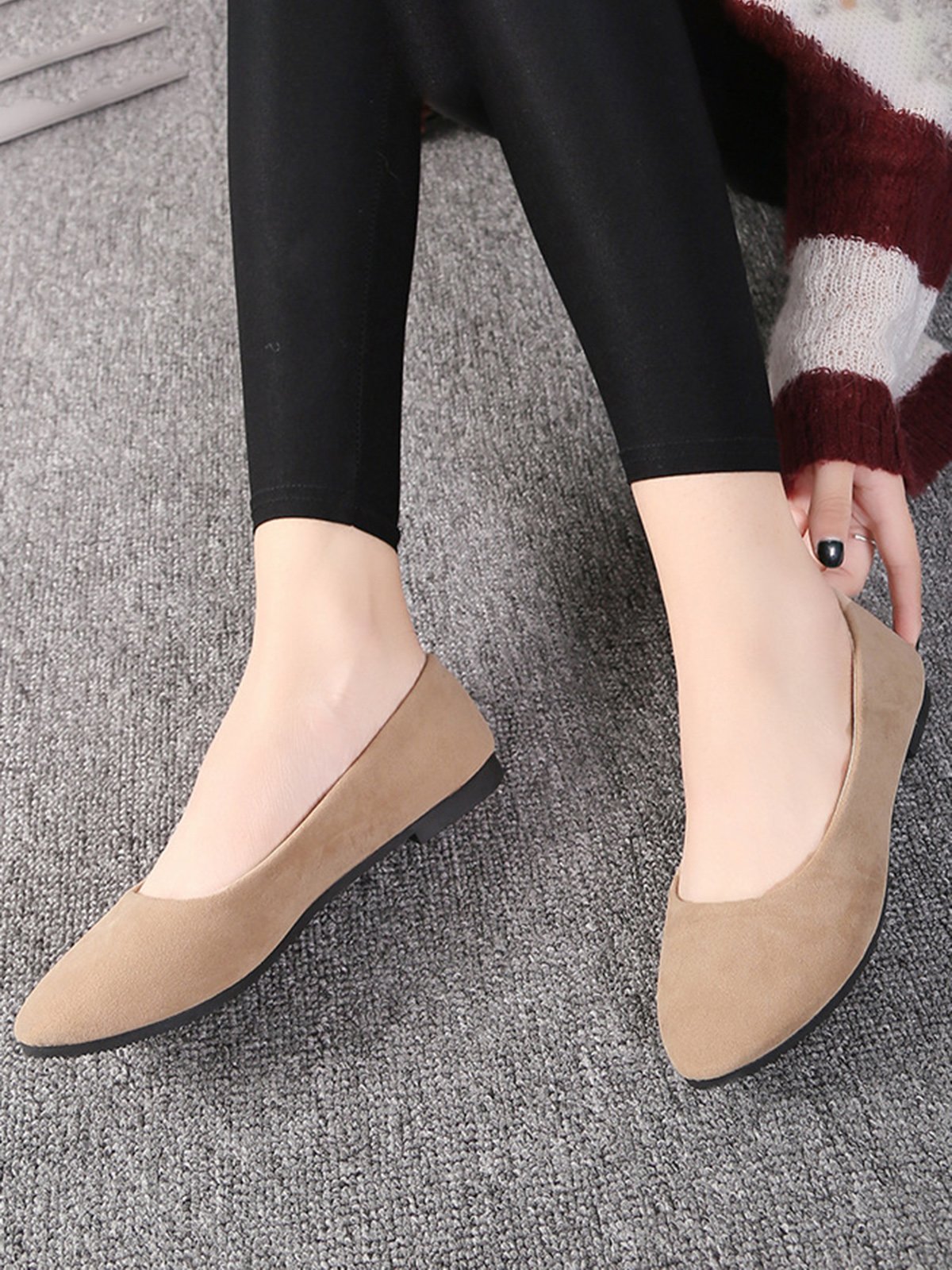 Plain All Season Simple Daily Velvet Flat Heel Round Toe Pu Slip On Shallow Shoes for Women