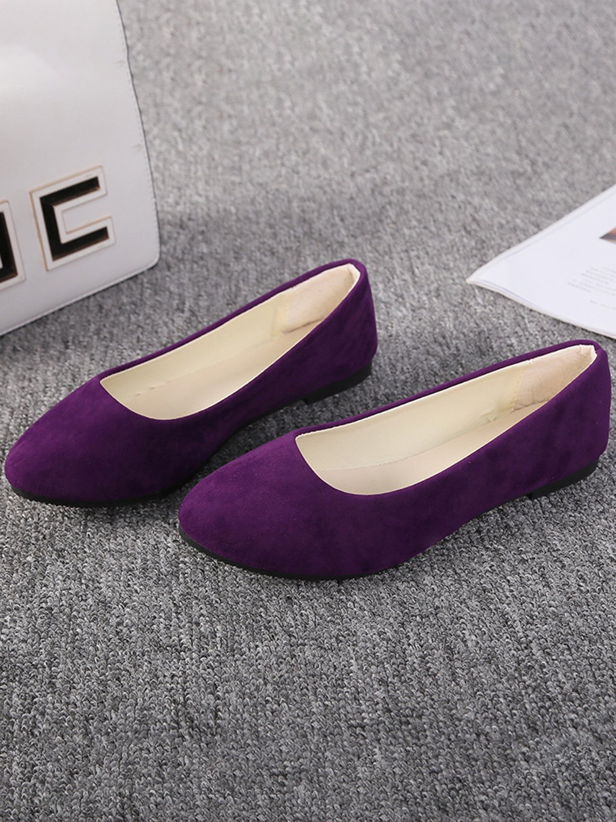 Plain All Season Simple Daily Velvet Flat Heel Round Toe Pu Slip On Shallow Shoes for Women