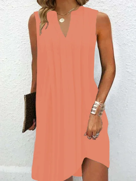Women Mini Dress V Neck Casual Plain Loose Sleeveless Short Dress