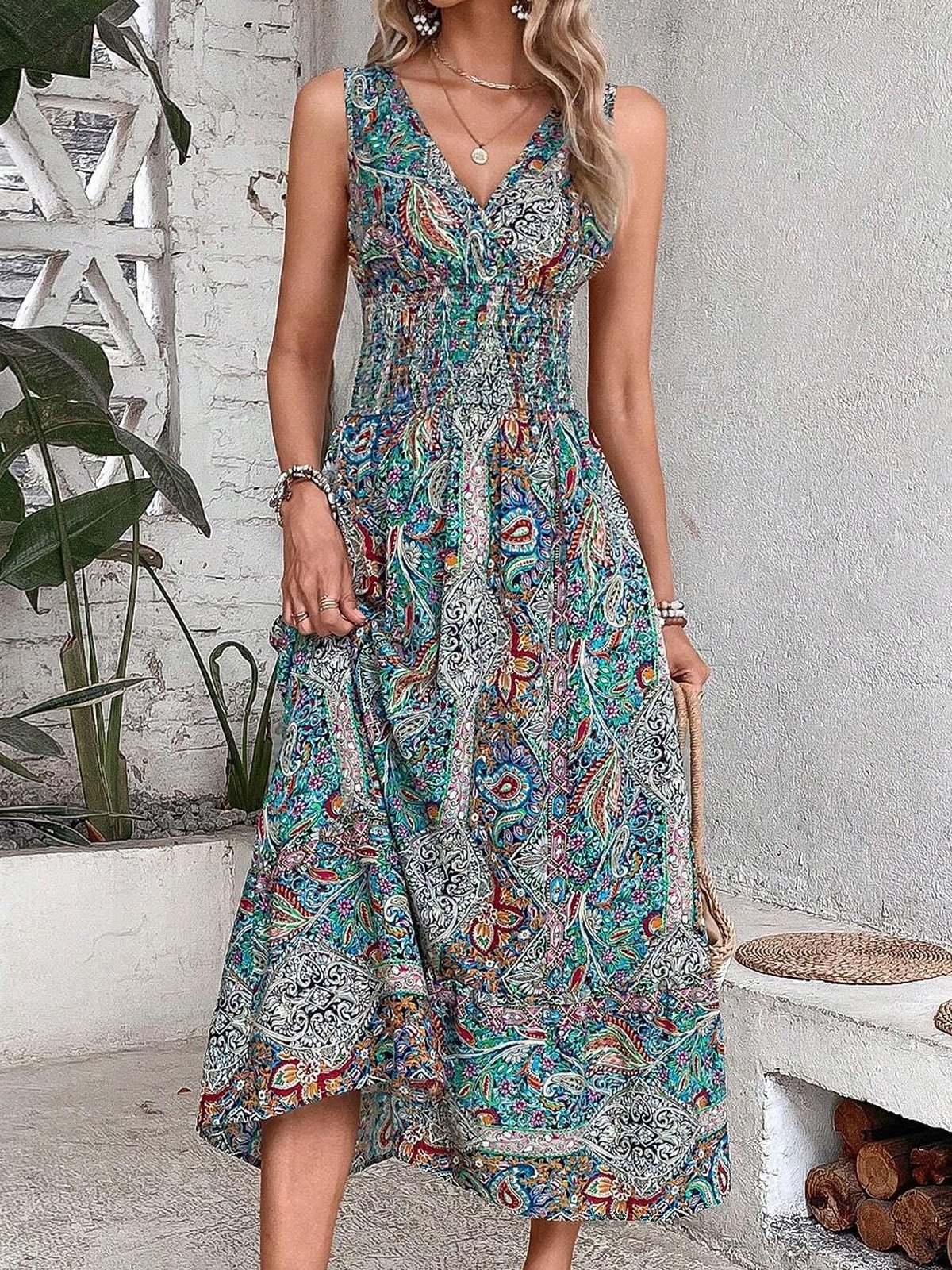 Regular Fit Cashew Flowers Vacation Dress