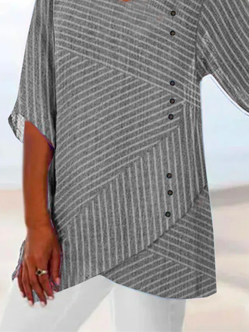 Buckle V Neck Vacation Striped Shirt