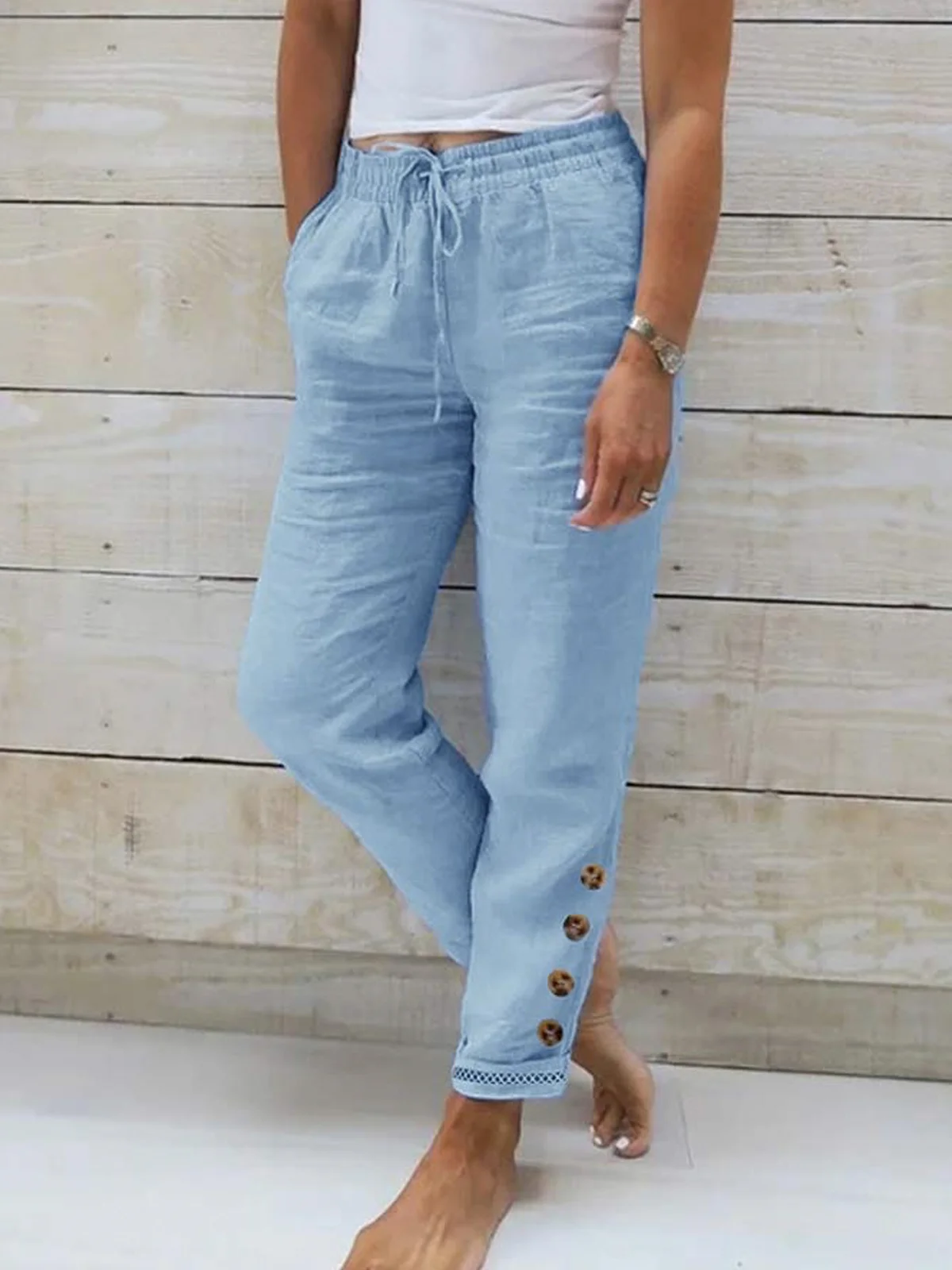 Cotton Casual Loose Button Detail Drawstring Elastic Waist Pant