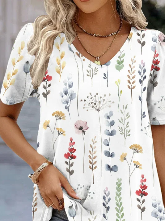 V Neck Casual Loose Floral Shirt