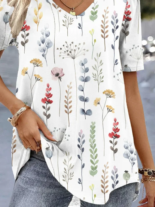 V Neck Casual Loose Floral Shirt