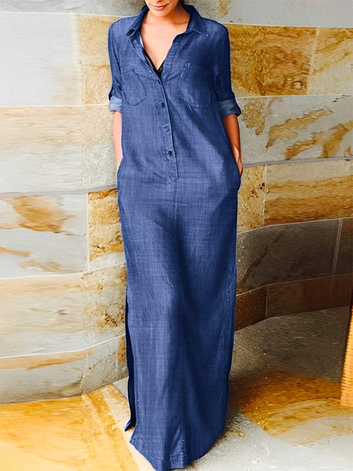 Casual Shirt Collar Loose Plain Maxi Dress