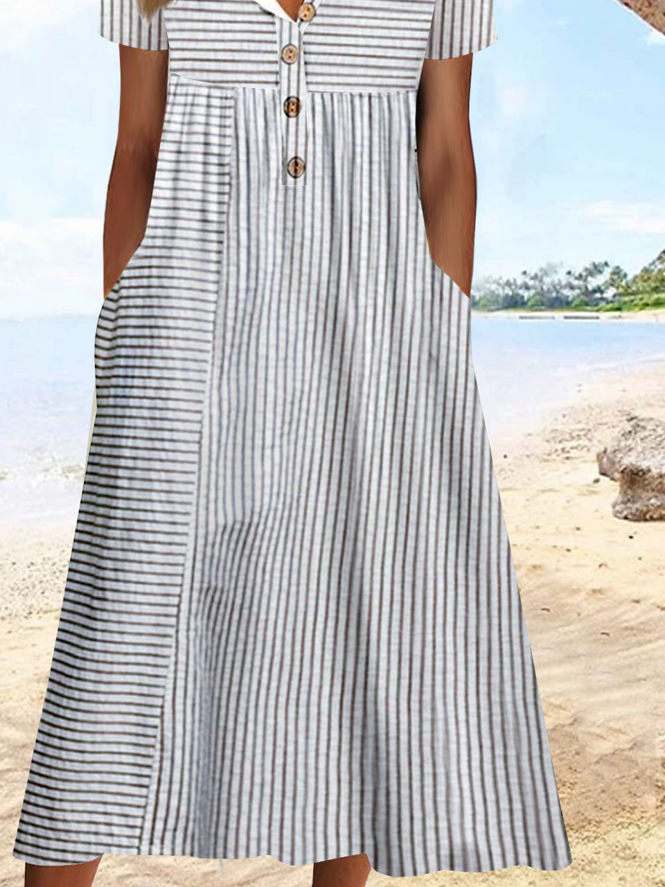 Women Striped Notched Short Sleeve Comfy Vacation Buckle Midi Dress