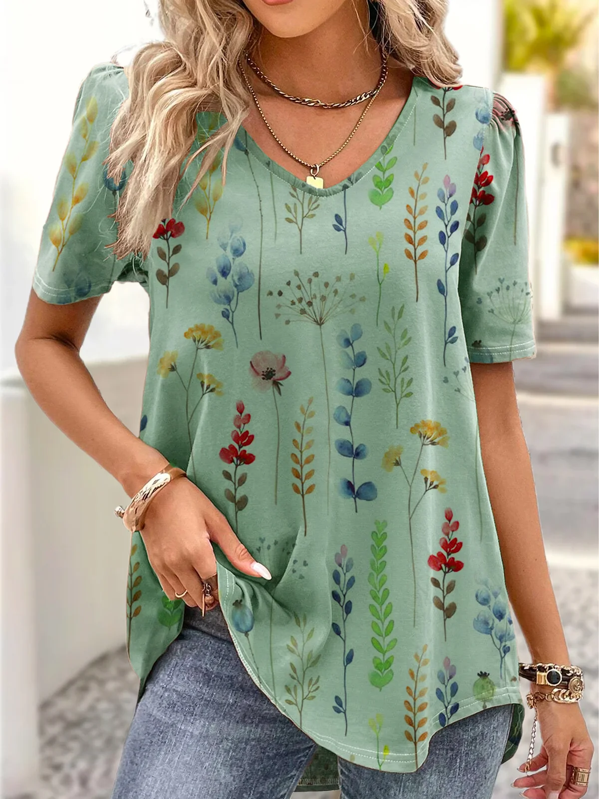 V Neck Casual Loose Floral Shirt