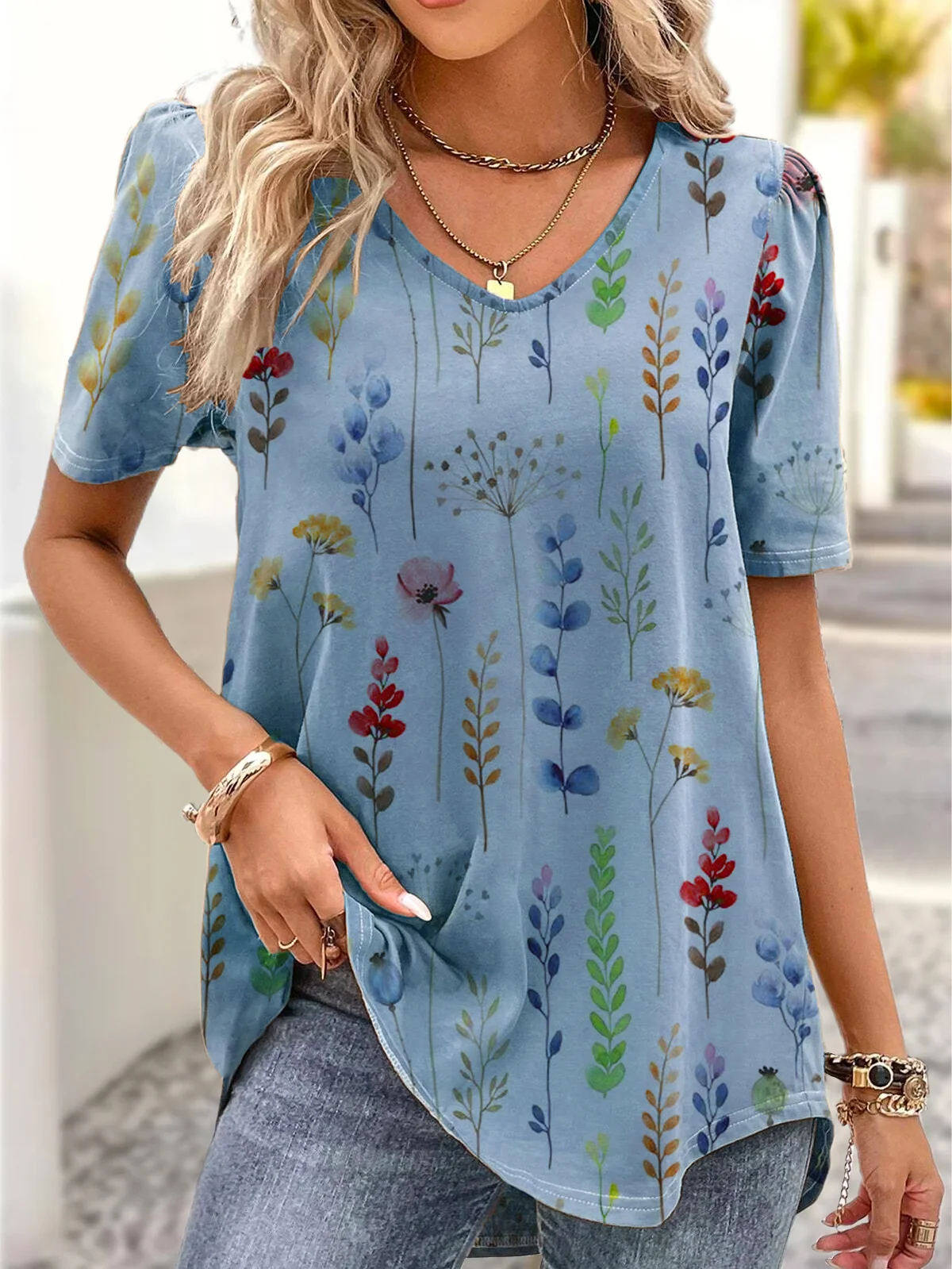 V Neck Casual Loose Floral Shirt