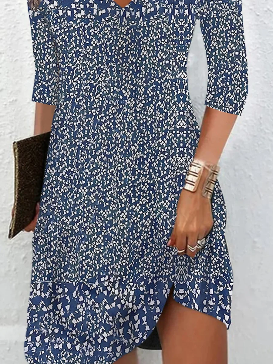 Women Abstract Graphic V Neck Three Quarter Sleeve Comfy Casual Midi Dress