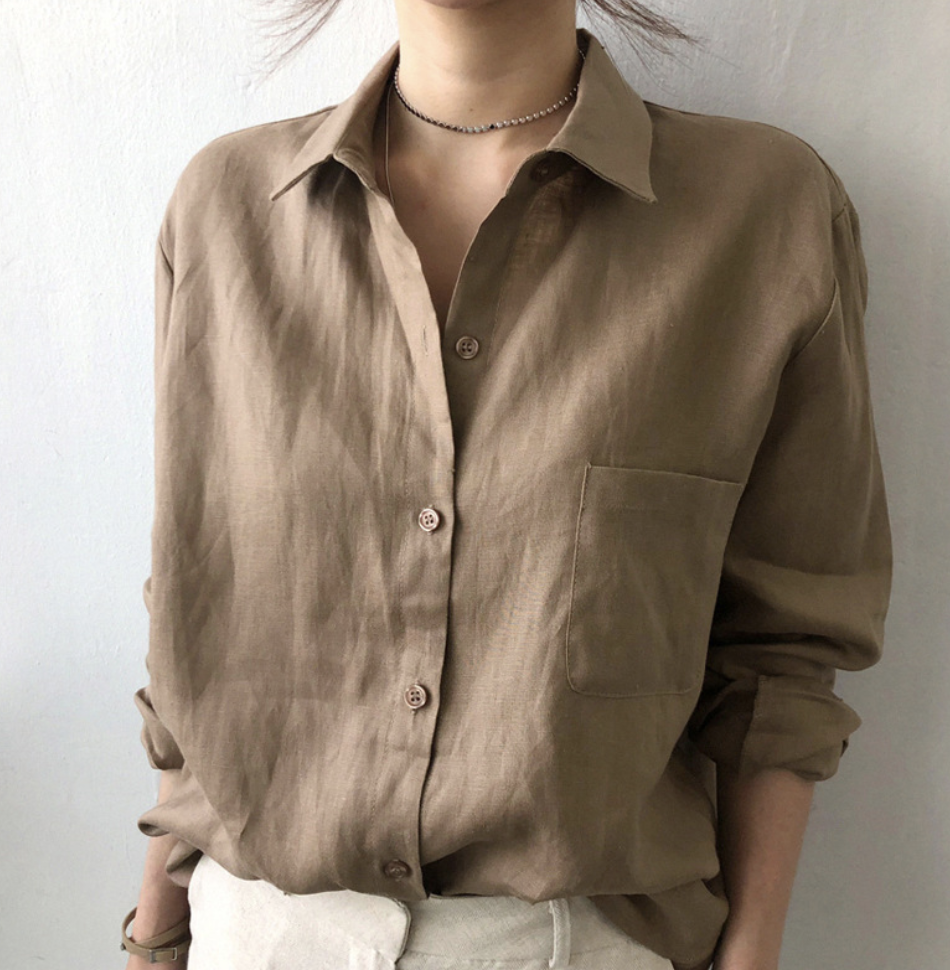 Women's Cotton Shirt Spring Loose Plain Shirt Collar Casual Blouse