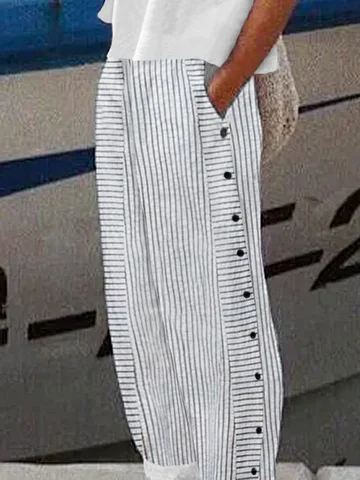 Casual Striped Buttoned Comfy Long Pants