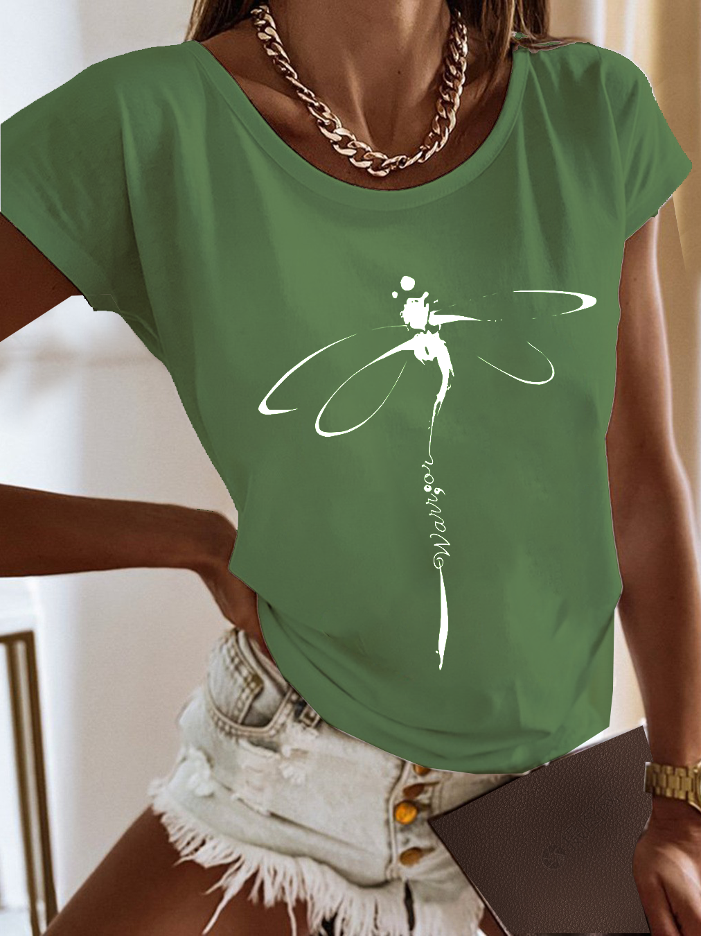 Casual Jersey Dragonfly Printed Loose T-Shirt