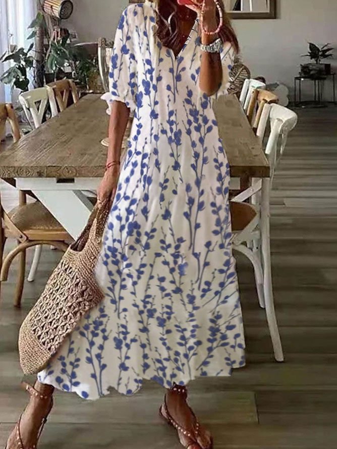 V Neck Loose Blue Floral Casual Dress 2023