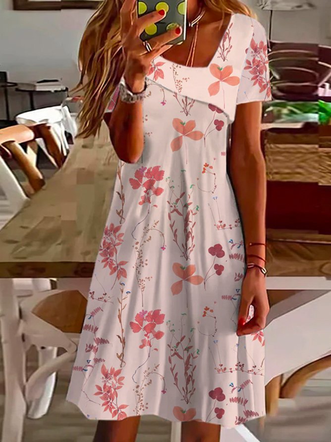 Women Mini Dress Summer Floral Print Short Sleeve Comfy Casual Short Dress