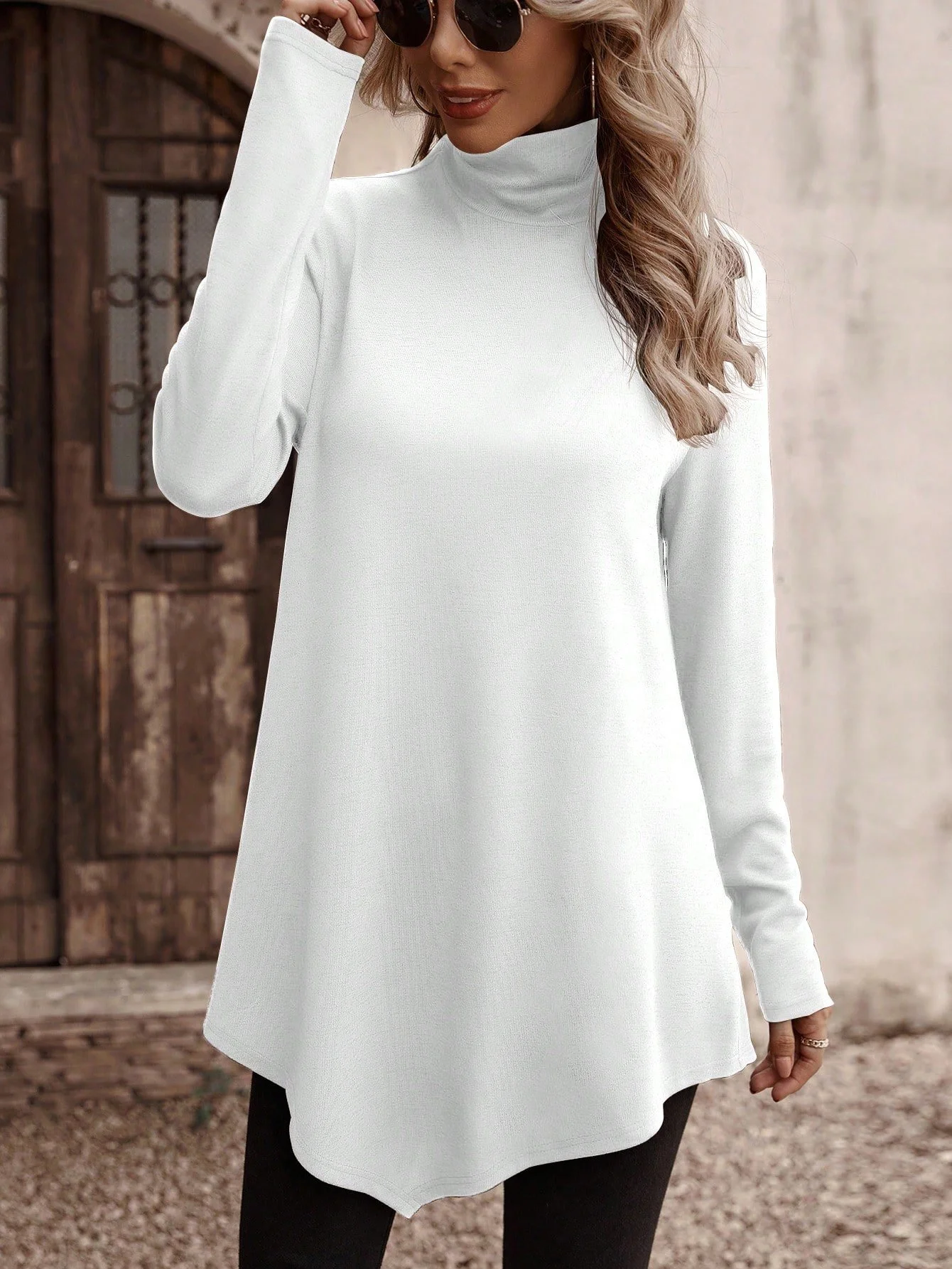 Casual Plain Turtleneck Long Sleeve Loose Daily Basic T-shirt