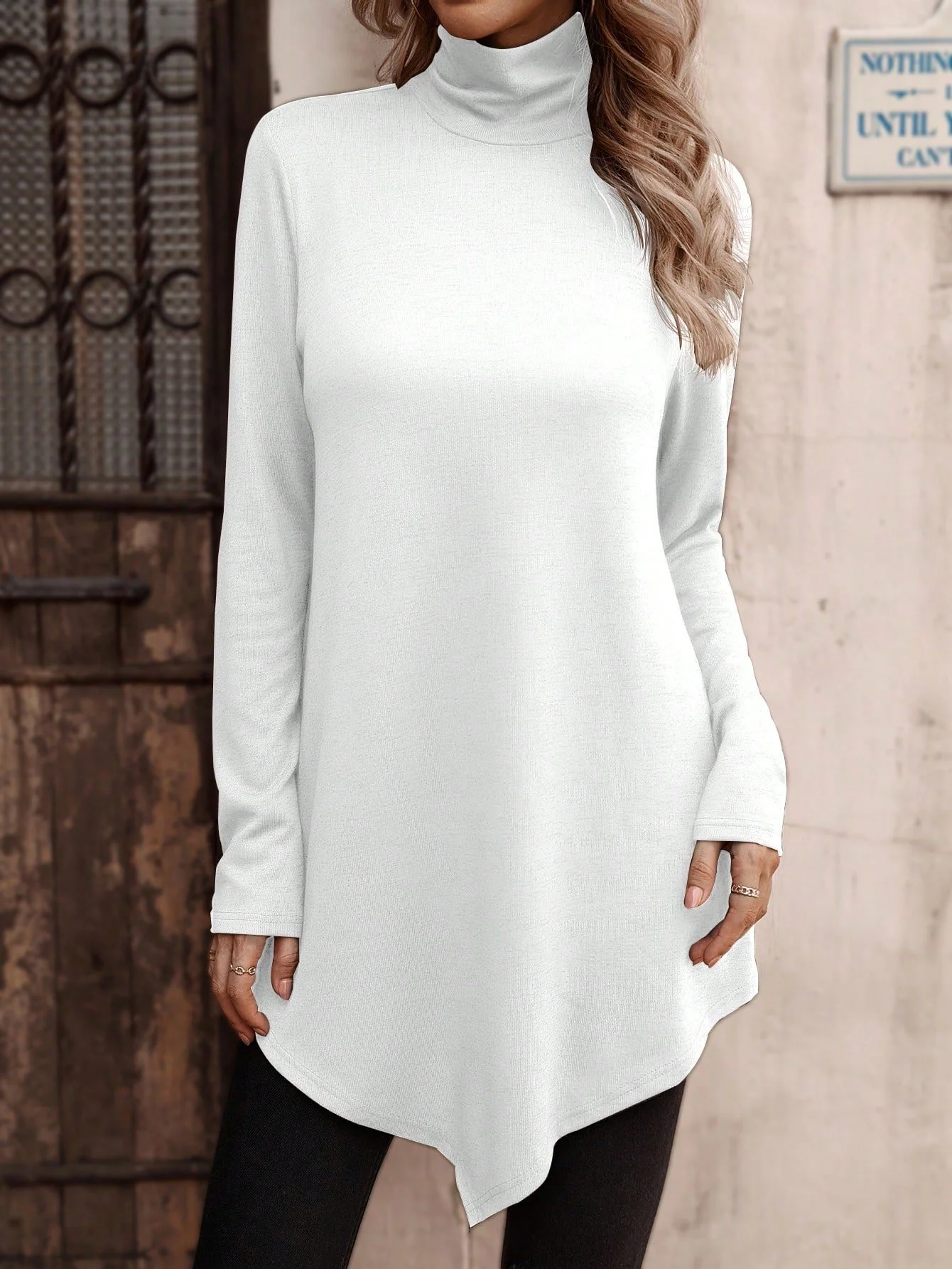 Casual Plain Turtleneck Long Sleeve Loose Daily Basic T-shirt