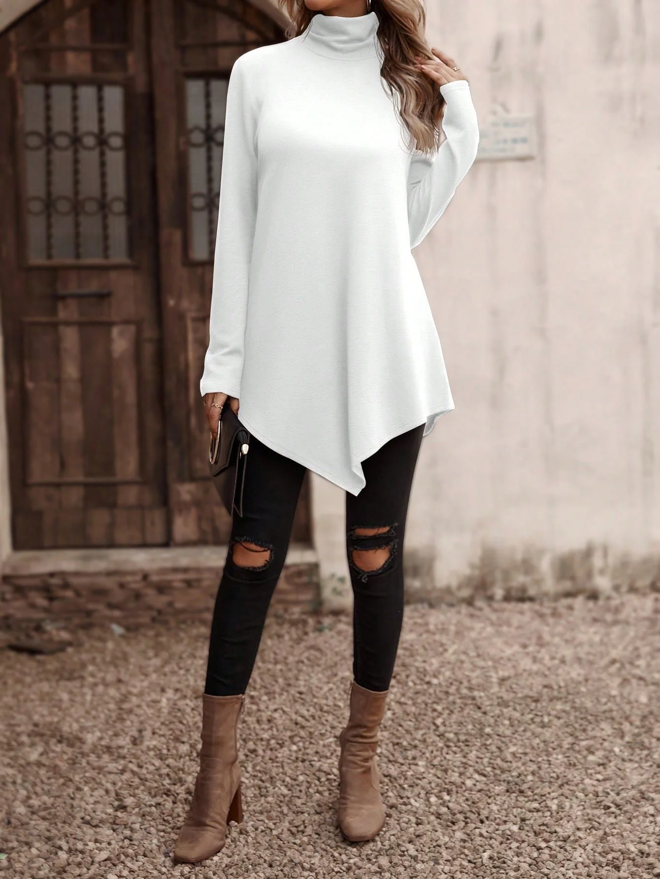 Casual Plain Turtleneck Long Sleeve Loose Daily Basic T-shirt