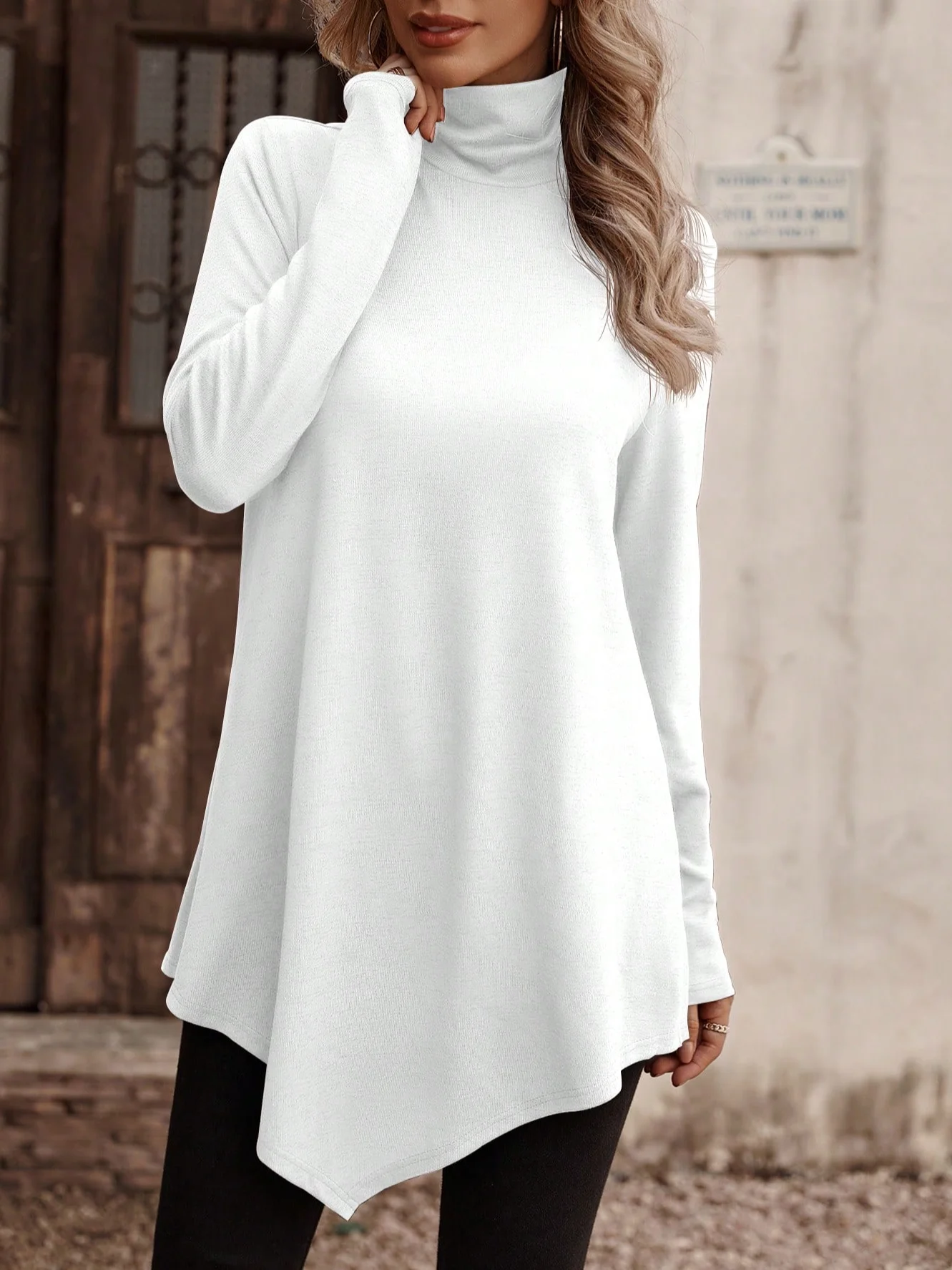 Casual Plain Turtleneck Long Sleeve Loose Daily Basic T-shirt