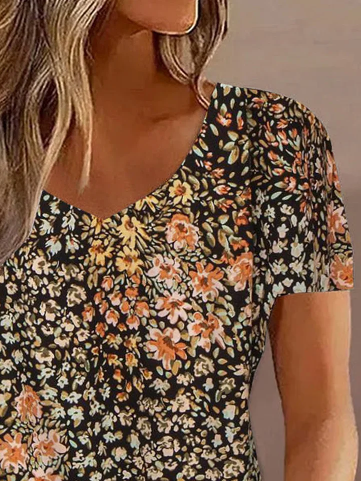 Women Summer Shirt V Neck Short Sleeve Floral Regular Loose Blouse