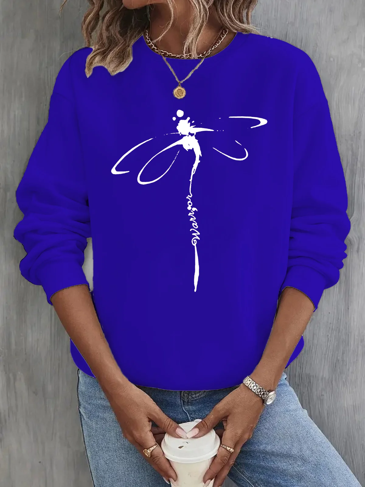 Casual Crew Neck Dragonfly Print Sweatshirt