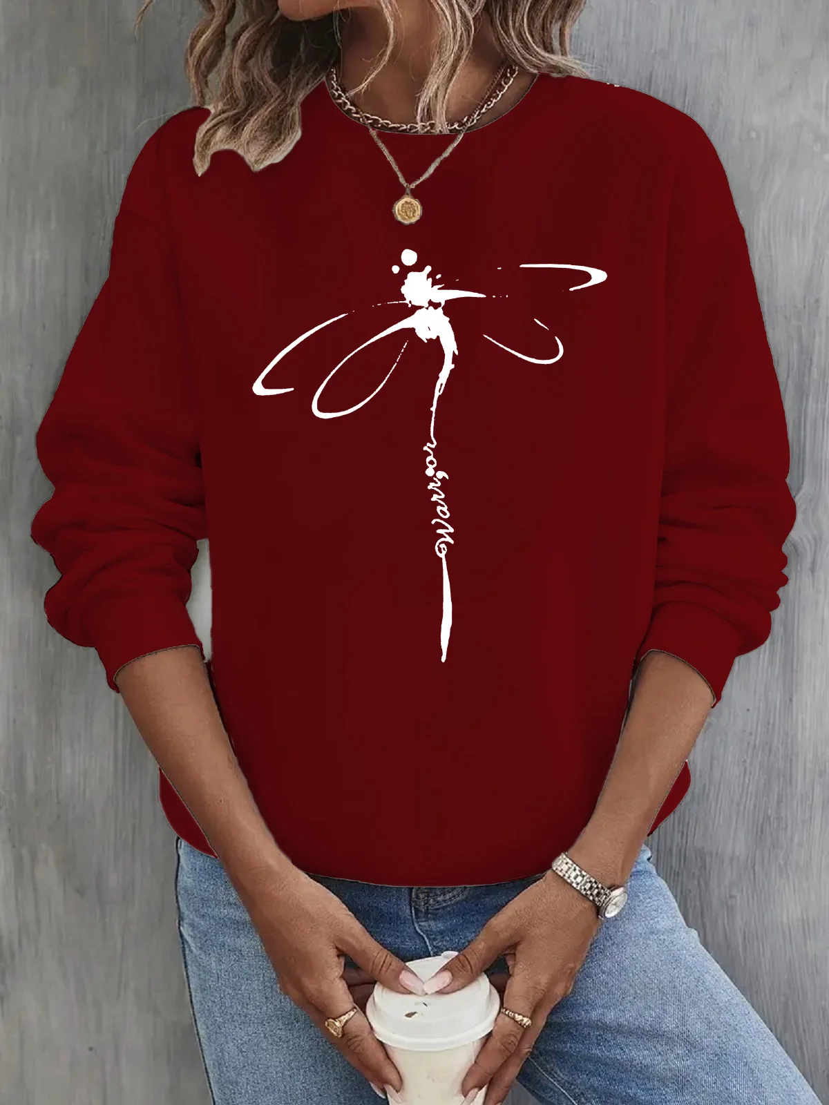 Casual Crew Neck Dragonfly Print Sweatshirt