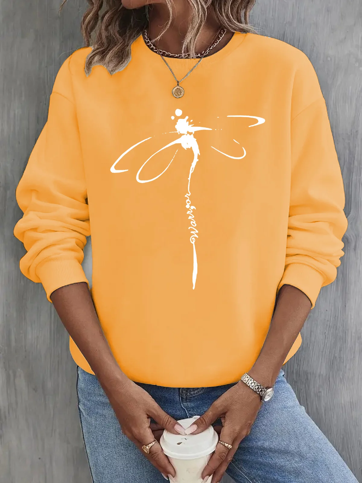 Casual Crew Neck Dragonfly Print Sweatshirt