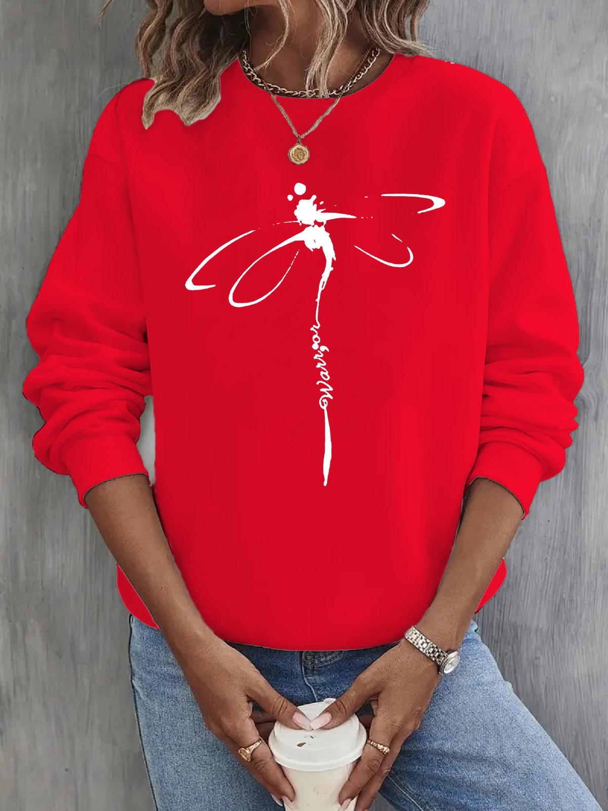 Casual Crew Neck Dragonfly Print Sweatshirt