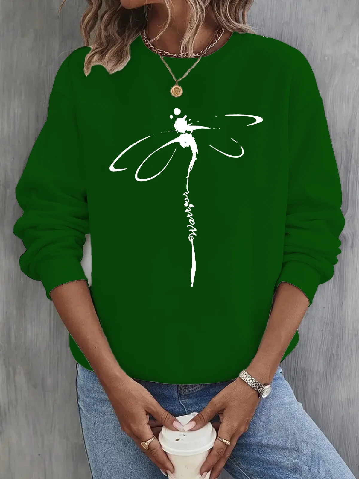 Casual Crew Neck Dragonfly Print Sweatshirt