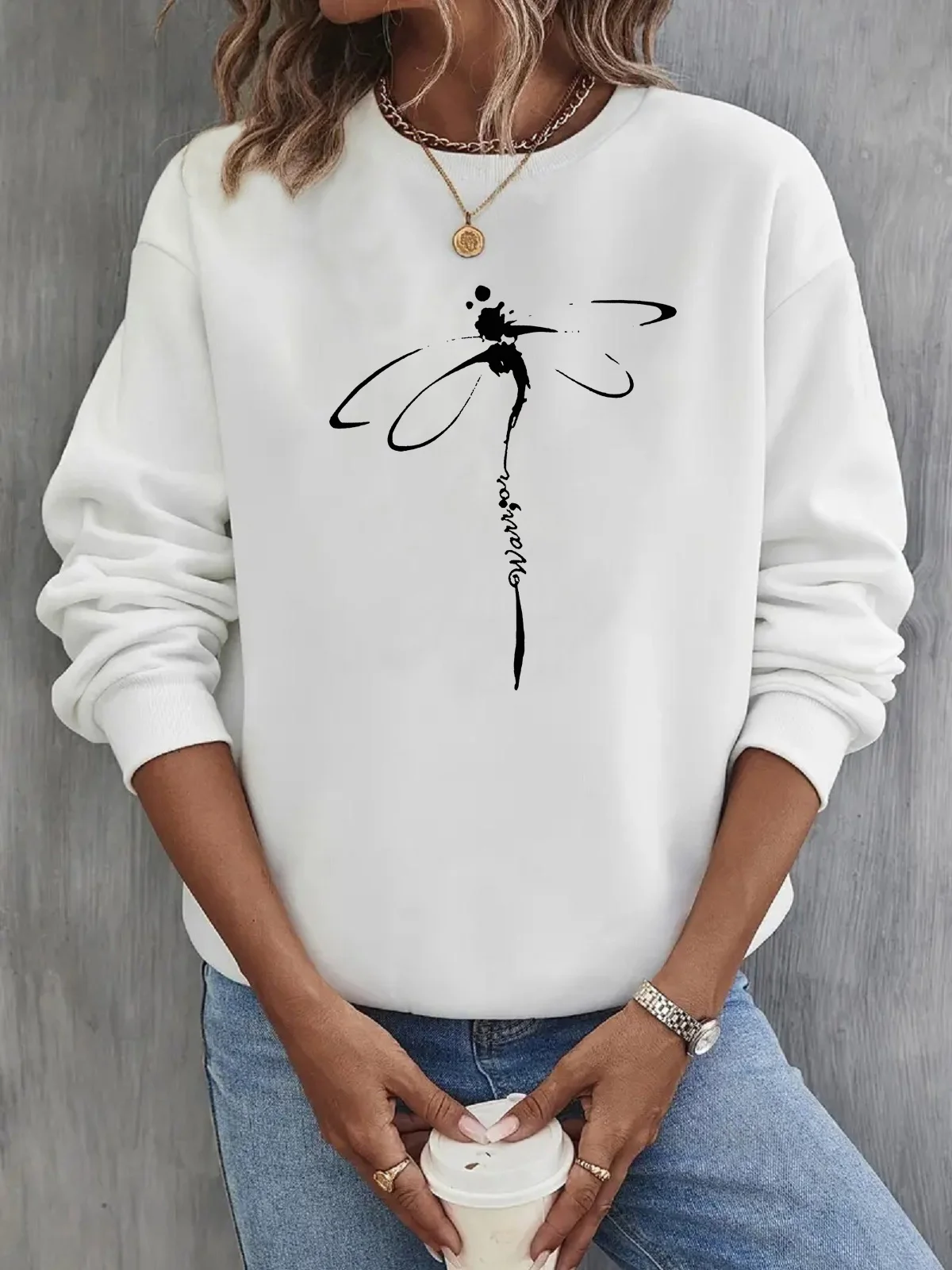 Casual Crew Neck Dragonfly Print Sweatshirt