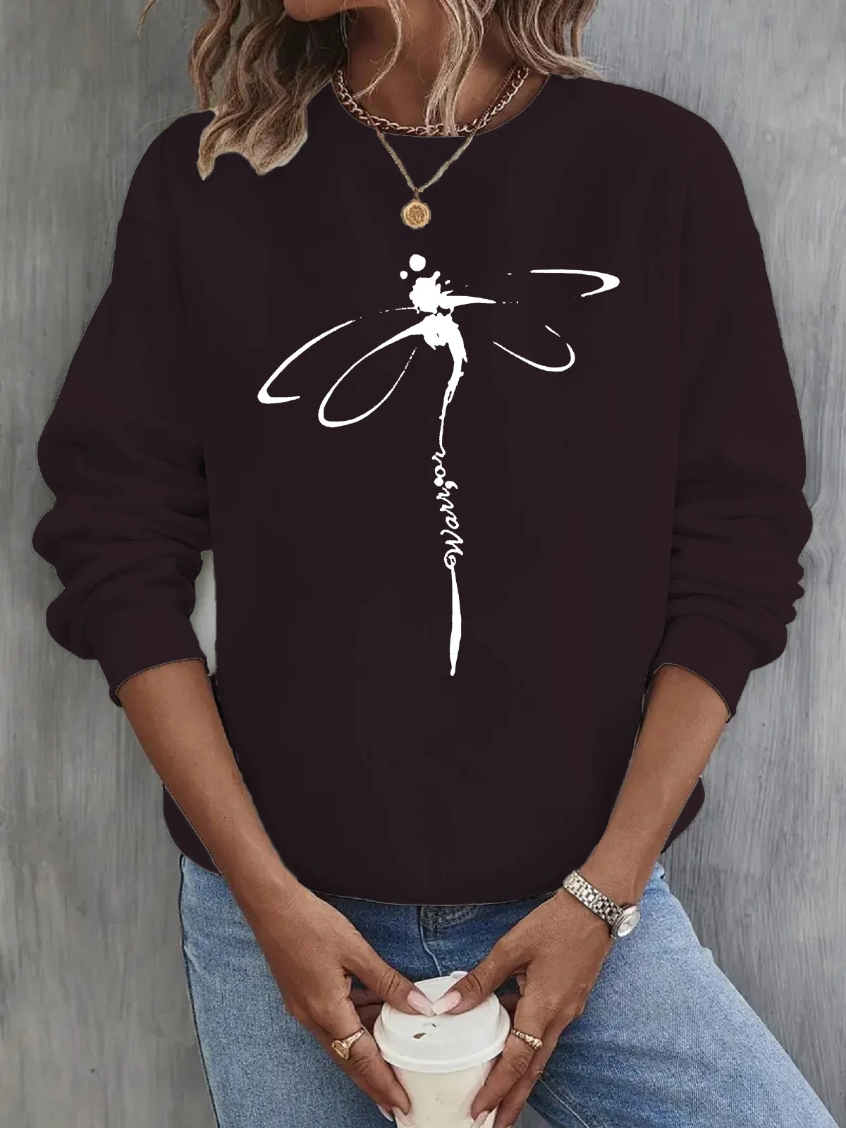 Casual Crew Neck Dragonfly Print Sweatshirt
