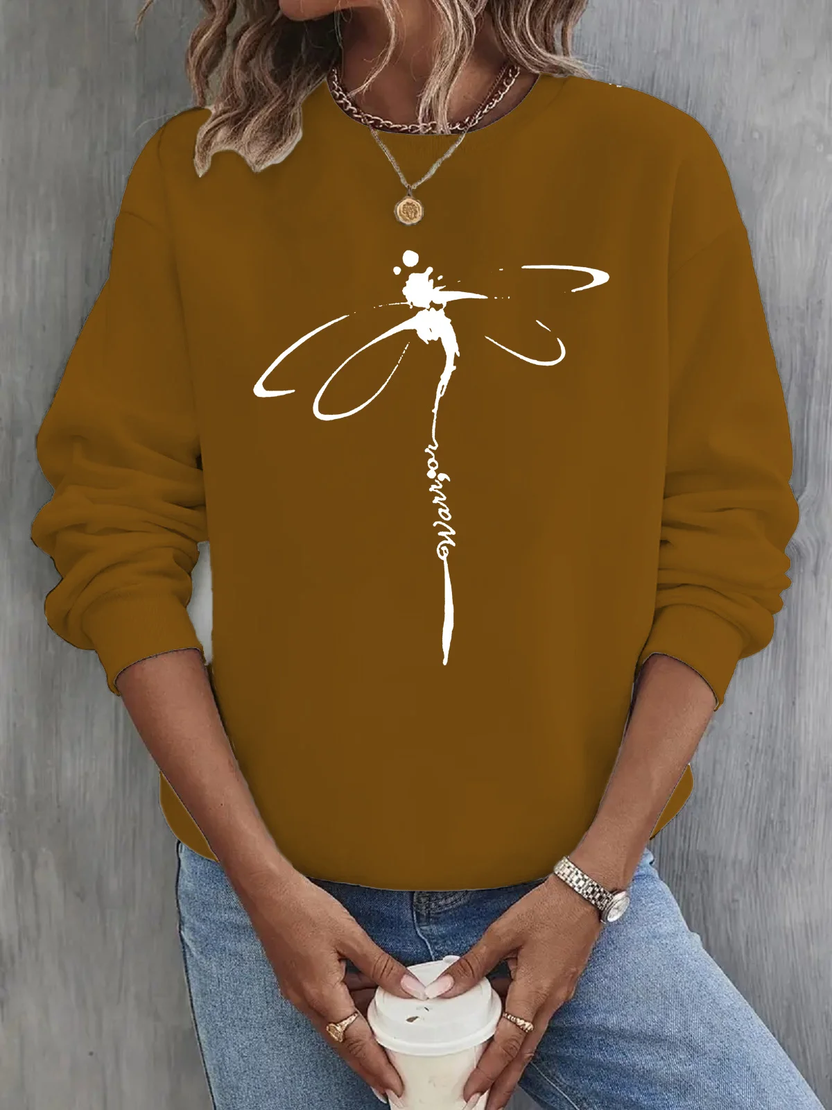 Casual Crew Neck Dragonfly Print Sweatshirt