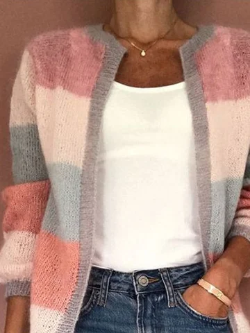 Women Yarn/Wool Yarn Striped Long Sleeve Comfy Casual Cardigan