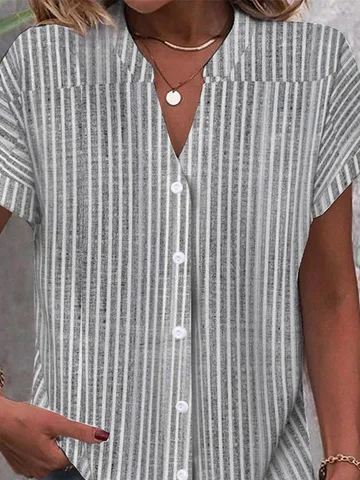 Stand Collar Short Sleeve Striped Buckle Regular Loose Blouse For Women