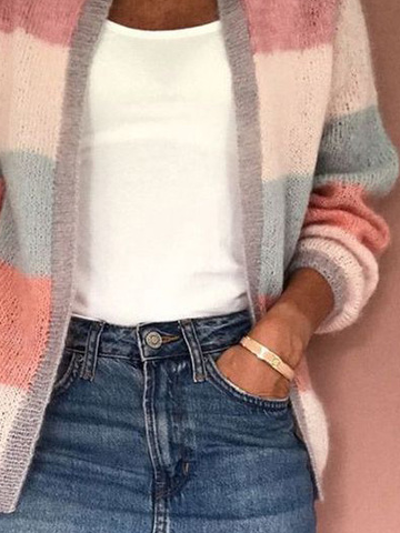 Women Yarn/Wool Yarn Striped Long Sleeve Comfy Casual Cardigan