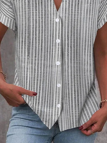 Stand Collar Short Sleeve Striped Buckle Regular Loose Blouse For Women