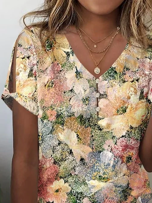 Women Summer Casual Floral V Neck Short Sleeve T-shirt
