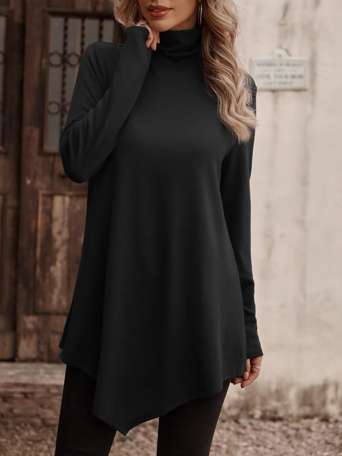 Casual Plain Turtleneck Long Sleeve Loose Daily Basic T-shirt