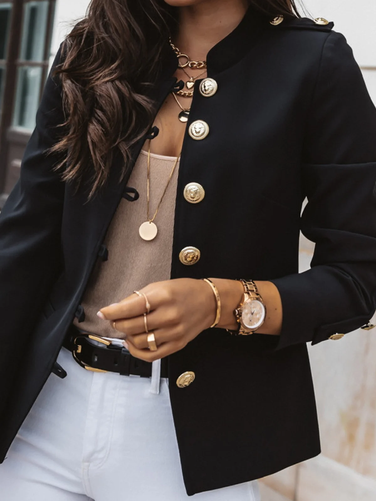 Stand Collar Plain Pocket Regular Fit Pilot Blazer