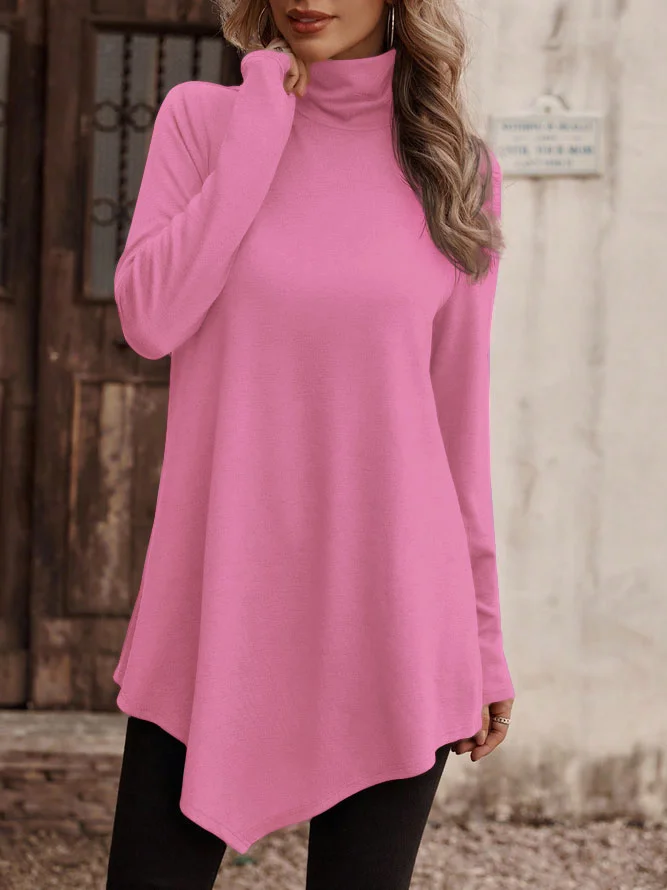 Casual Plain Turtleneck Long Sleeve Loose Daily Basic T-shirt