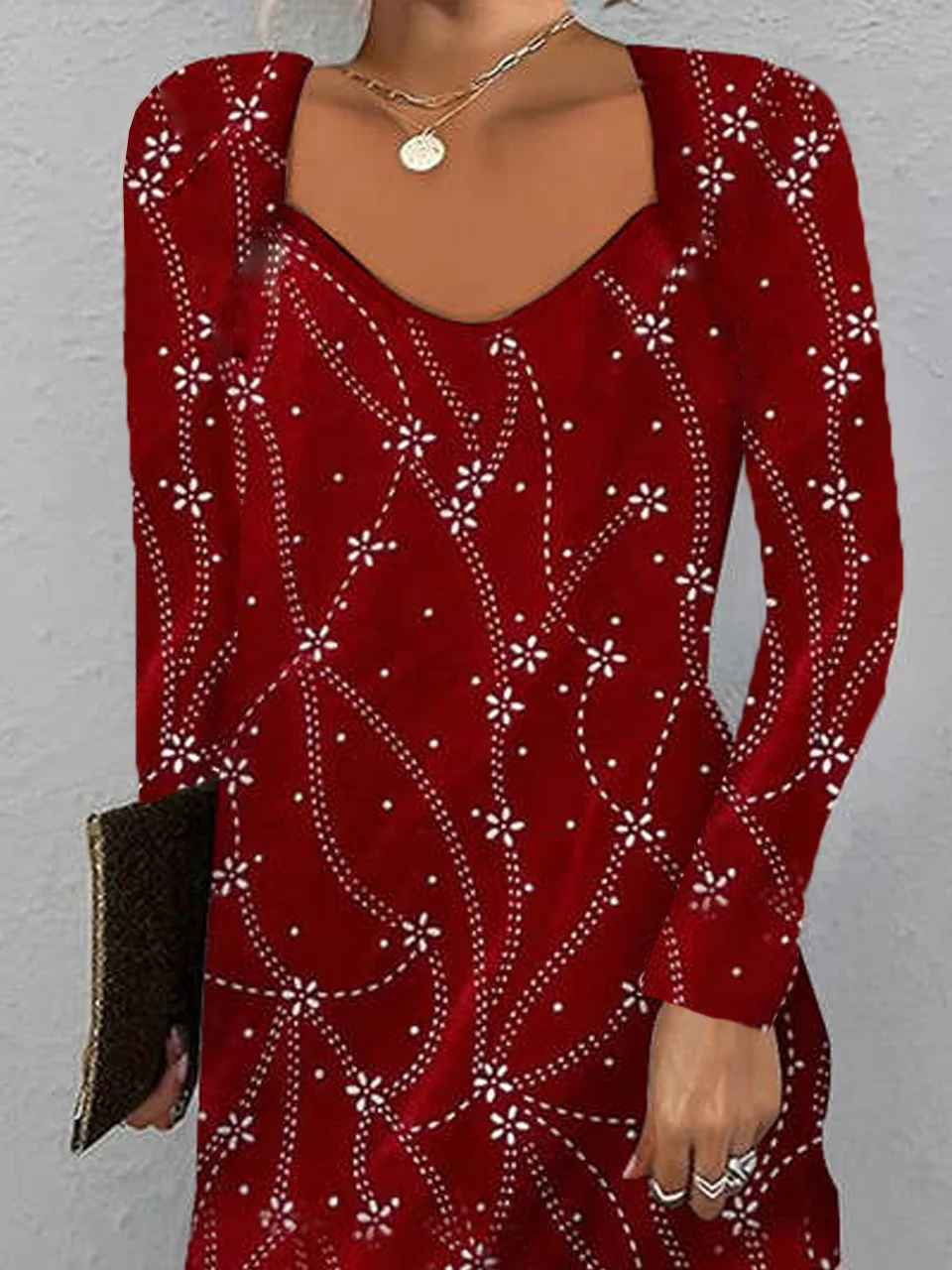 Women Floral Sweetheart Neckline Long Sleeve Comfy Casual Midi Dress