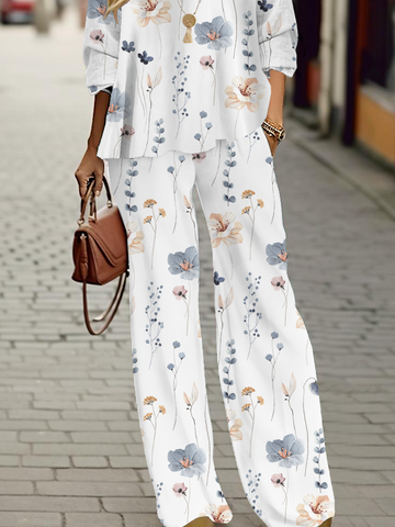 Women Floral Crew Neck Long Sleeve Comfy Casual Top With Pants Two-Piece Set