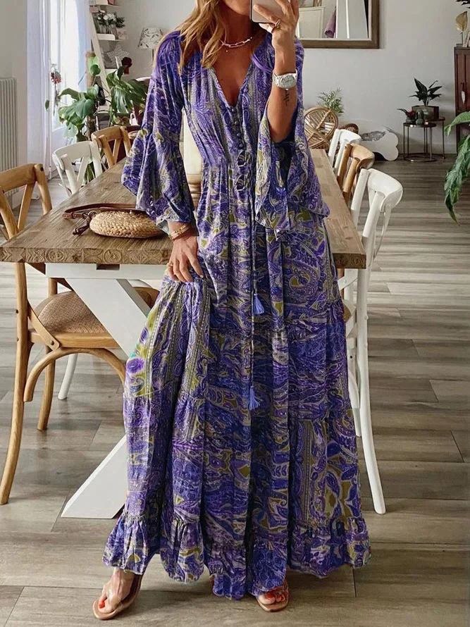 Women Floral V Neck Long Sleeve Comfy Boho Maxi Dress