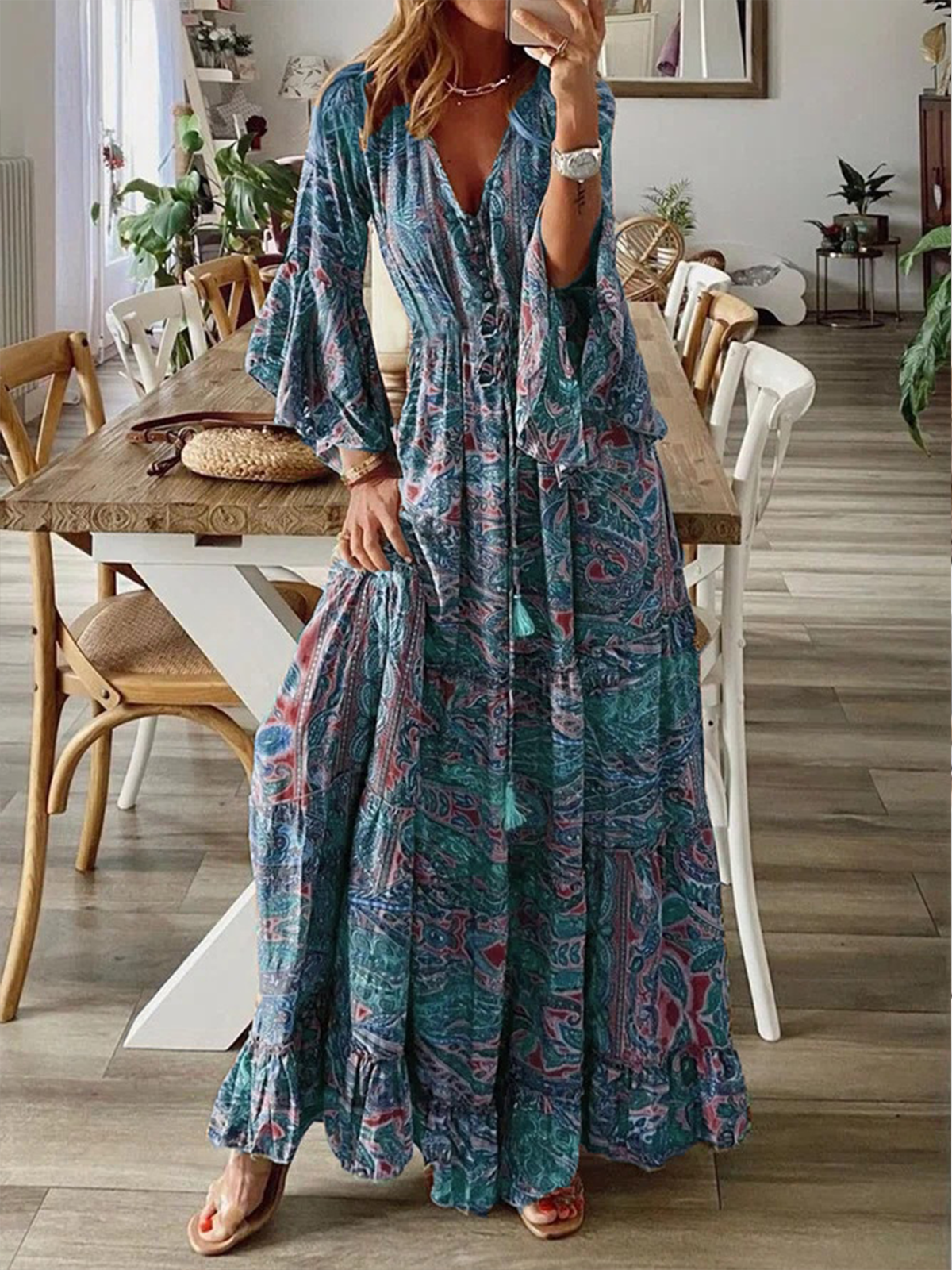 Women Floral V Neck Long Sleeve Comfy Boho Maxi Dress