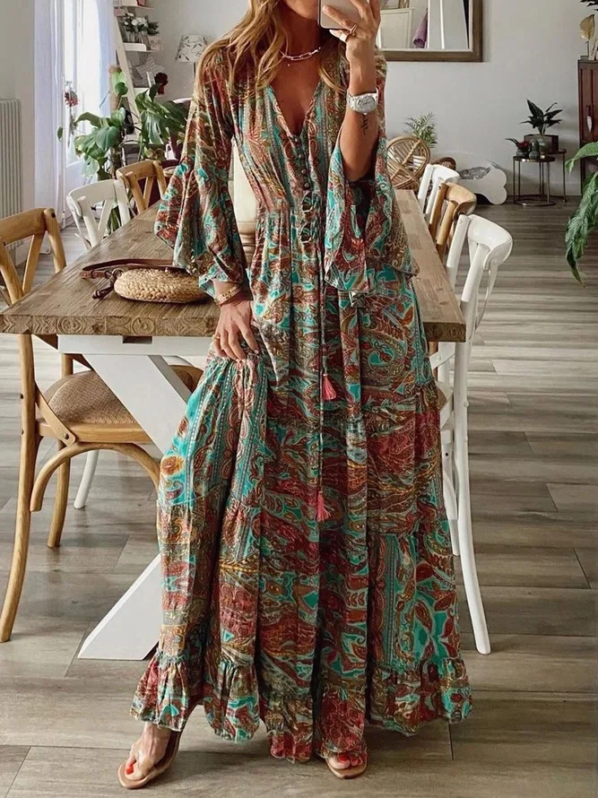 Women Floral V Neck Long Sleeve Comfy Boho Maxi Dress